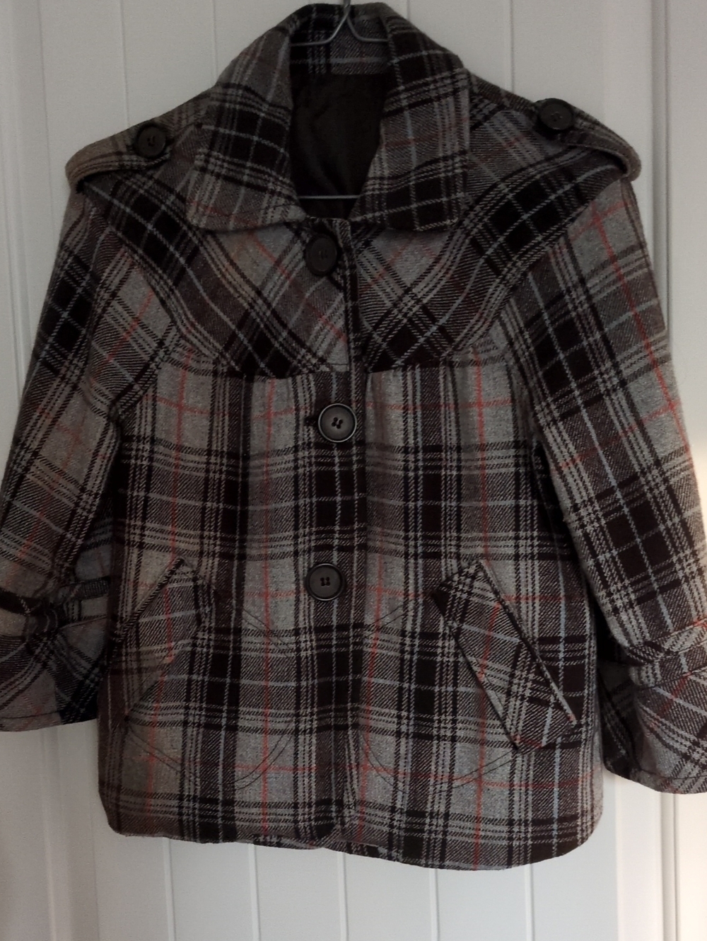 Costa Blanca Plaid Pea Coat in Gray, Black & Red Accents